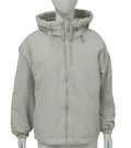 A woman's loose-fit hooded jacket in solid-colour polyester, shown in grey.