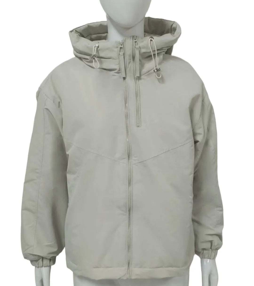 A woman's loose-fit hooded jacket in solid-colour polyester, shown in grey.
