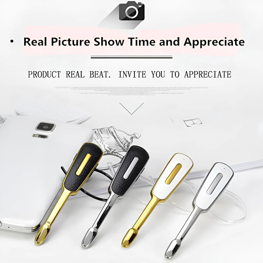 Bluetooth headset with leather pattern strip, mono earplug style, in Black Silver colour
