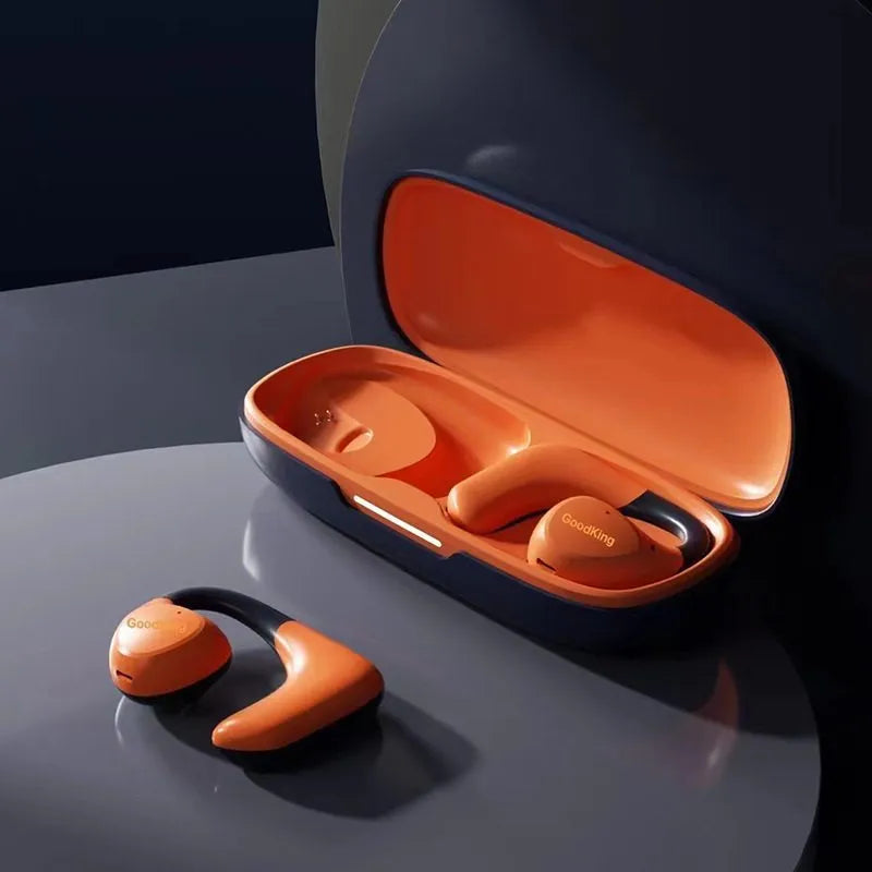 Non in-ear Bluetooth headset in blue orange or black orange with 15 metre range and 4-8 hour battery life