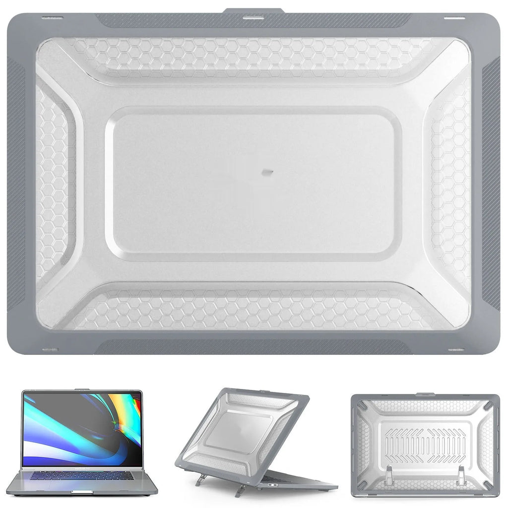 MacBook protective hard shell case in four colour options: black, grey, apricot, and blue.