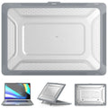 MacBook protective hard shell case in four colour options: black, grey, apricot, and blue.