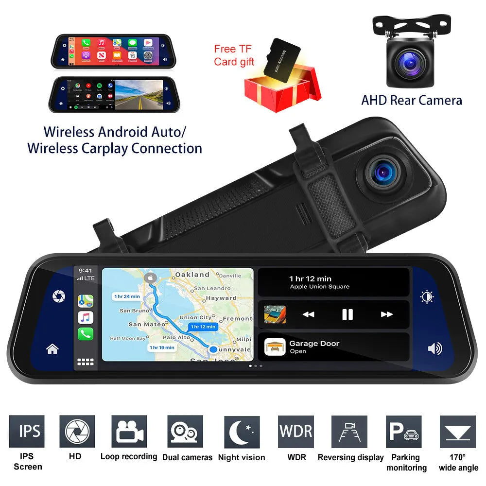 9.66-inch in-mirror car dash cam and video player displayed with mounting bracket and accessories