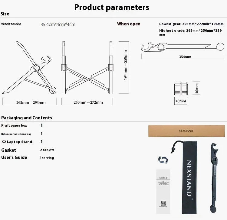 Sagacious black foldable laptop stand made of enhanced nylon, shown open and next to its portable carry bag.