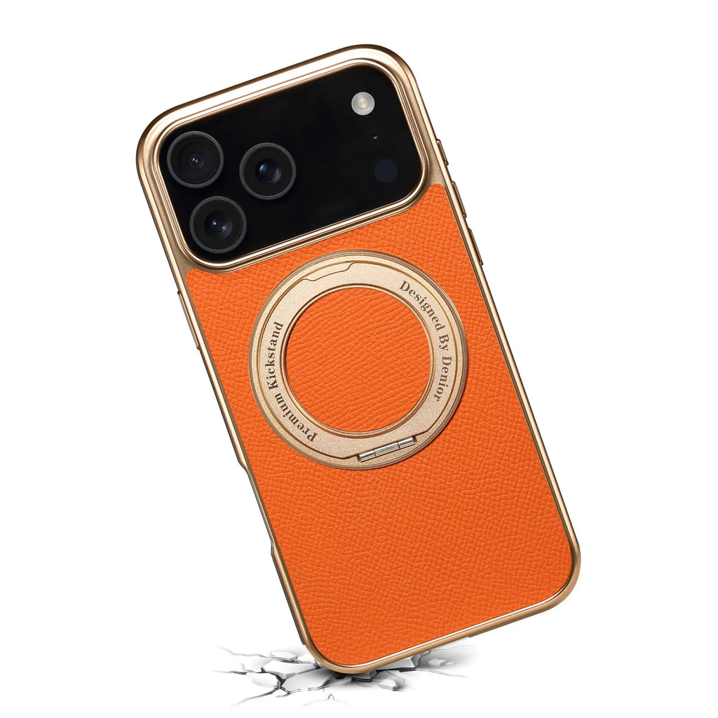Genuine leather magnetic phone case for iPhone with electroplating finish in green colour with bracket feature