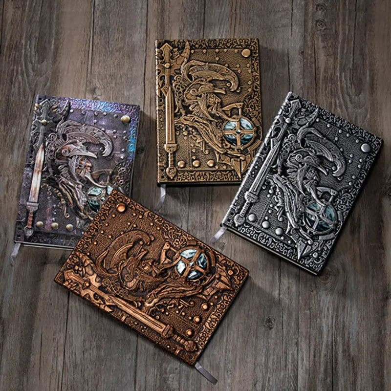 Handmade leather A5 notebook with 3D embossed warriors relief on the cover, showing bronze colour option.