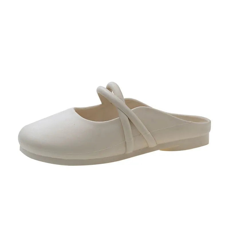 Women's black plastic flip flop sandals with enclosed Baotou front, shown on a white background.