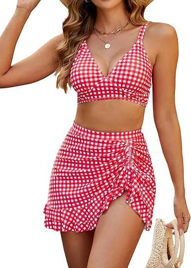 Black and white plaid two piece swimsuit with high-waist briefs and skirt for women