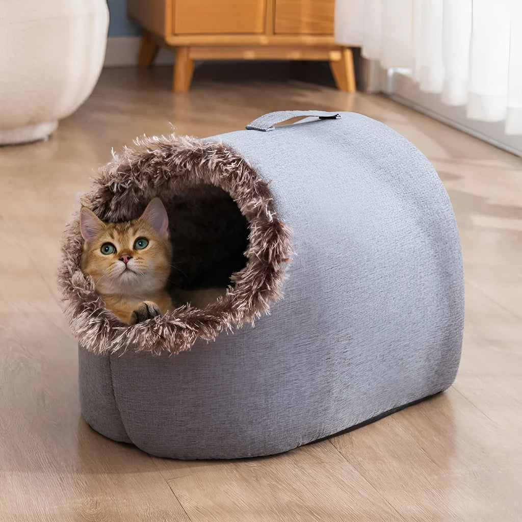 Fleece-lined cat nest closed sleeping bag in coffee brown or grey colour, shown with dimensions 40x30x28cm or 50x40x34cm