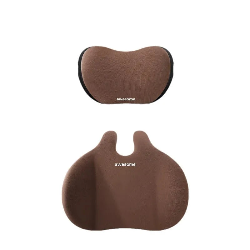 Automotive headrest and lumbar support pillow set in black, grey, pink, brown or green colour options