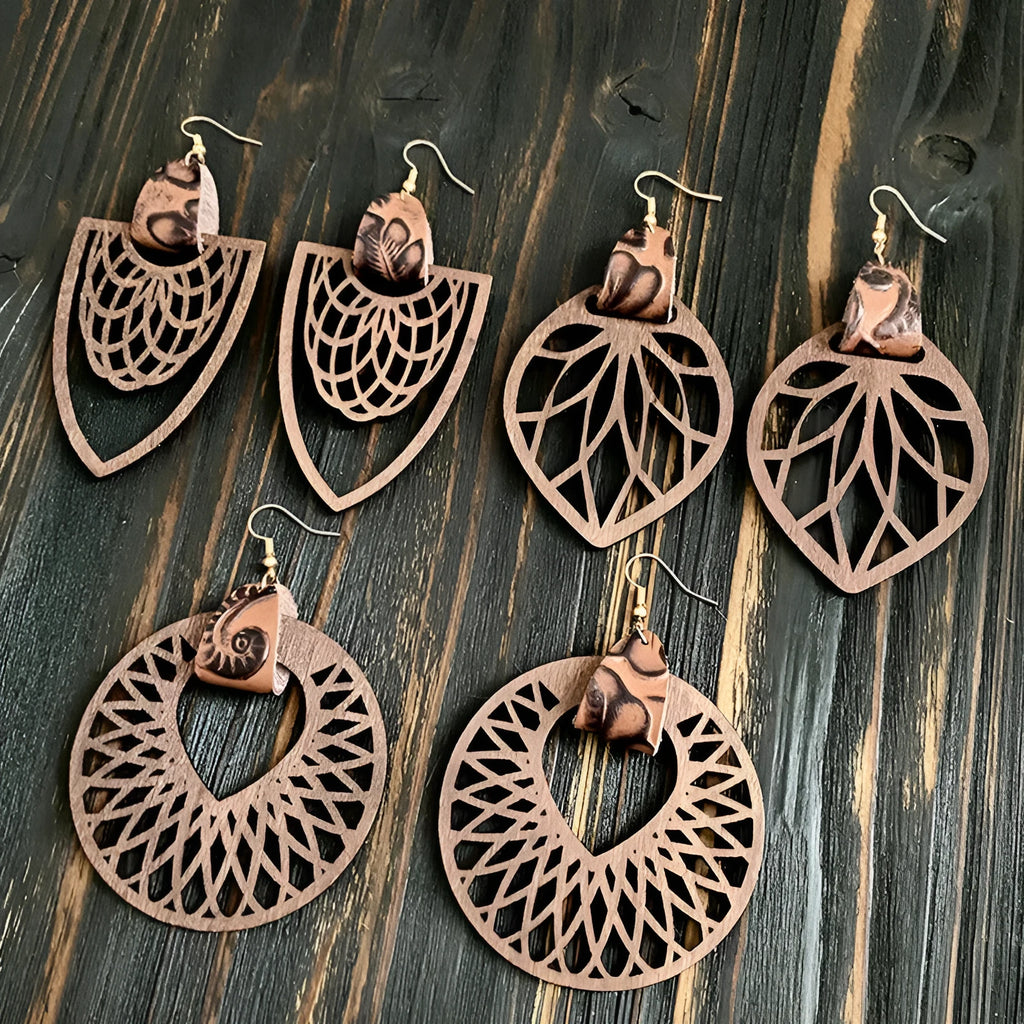 Set of six retro wooden hollow mandala exaggerated earrings with drop shape in geometry and round style