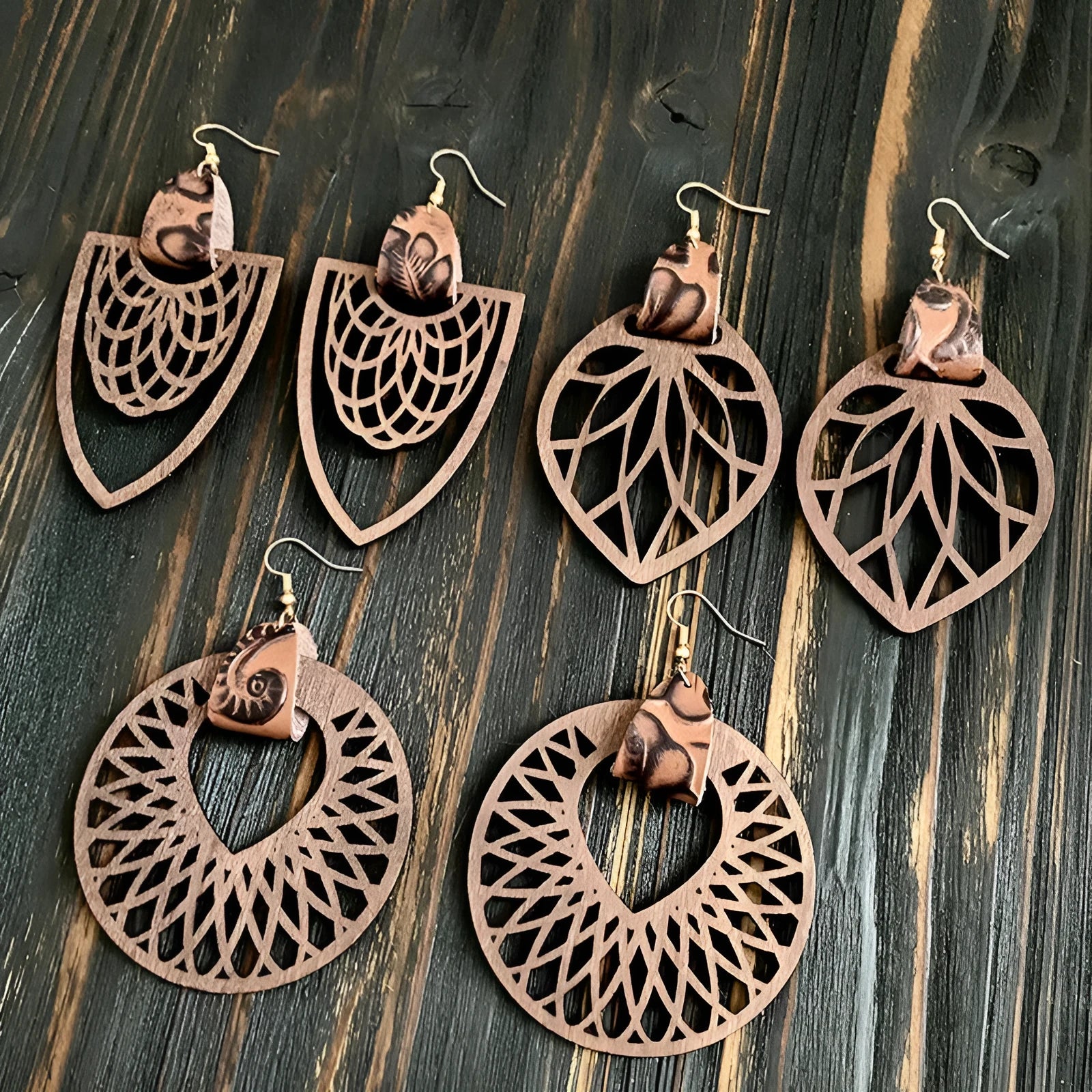 Set of six retro wooden hollow mandala exaggerated earrings with drop shape in geometry and round style