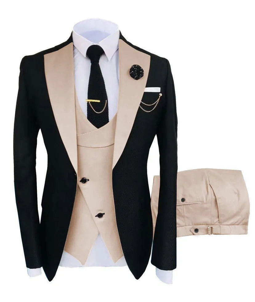 Men's slim fit three-piece cotton suit with coat, vest, and trousers for formal occasions