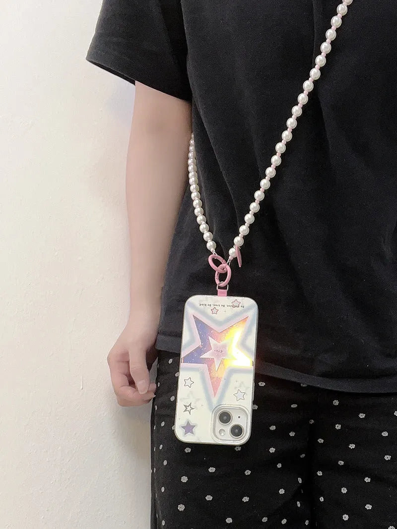 Pink pearl beaded mobile phone lanyard with crossbody long shoelace and short rope wrist strap options, small pink clip.
