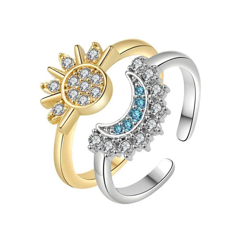 Sun and Moon diamond-studded couple ring set in alloy with geometric shape