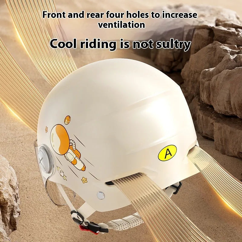 Khaki coloured motorcycle half helmet with integrated tinted sun lens, shown from the front.