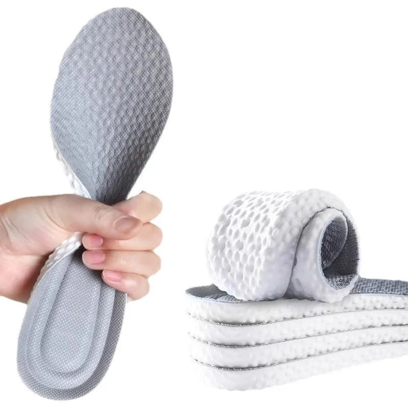 Grey, black, and orange PU sports insoles on a white background, showing cut-to-fit design for sizes 35-46.