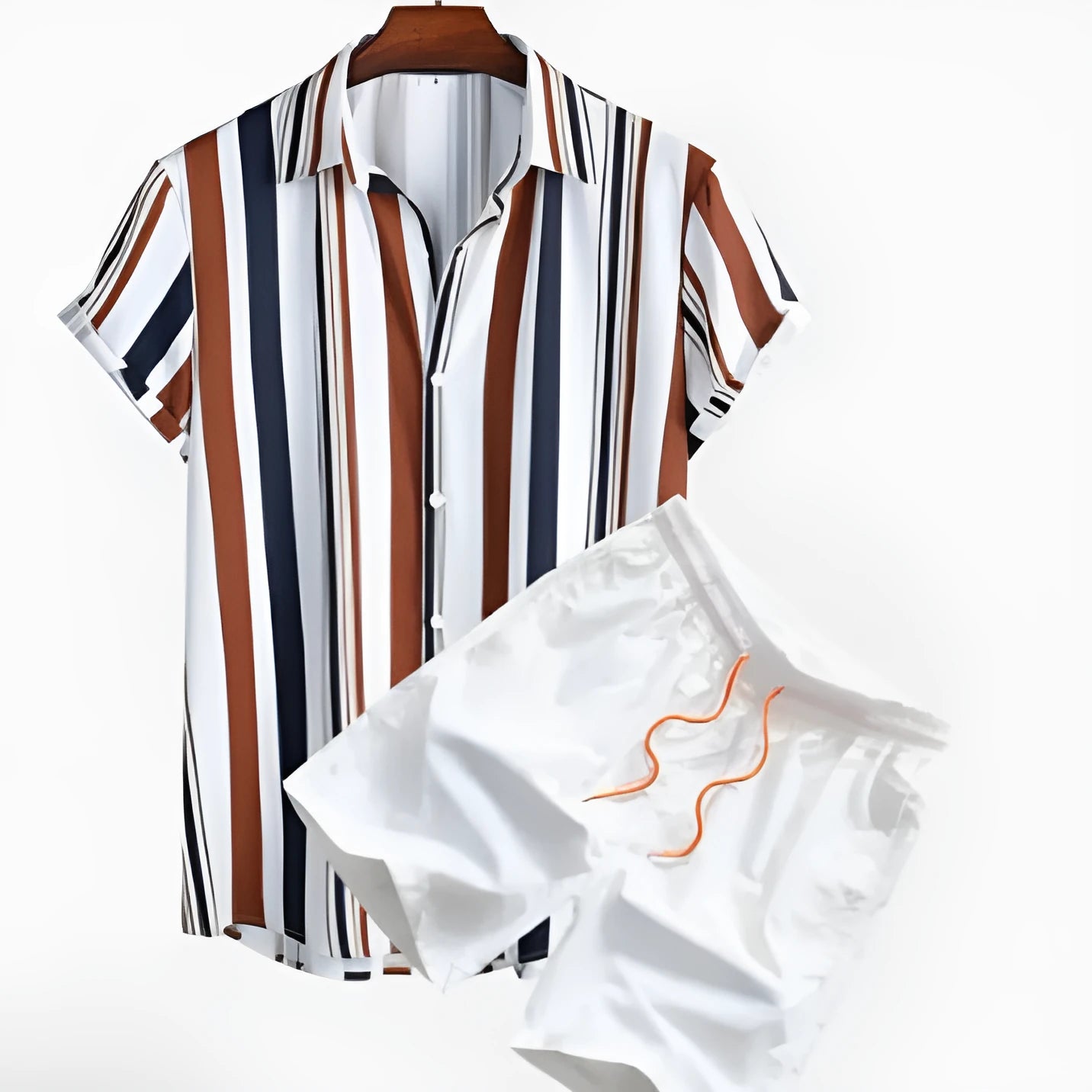 Man wearing a digitally printed cardigan and shorts loungewear set in polyester.