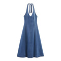 Off-the-shoulder backless denim dress for women, A-line lace-up halter neck, street trendy style, picture colour