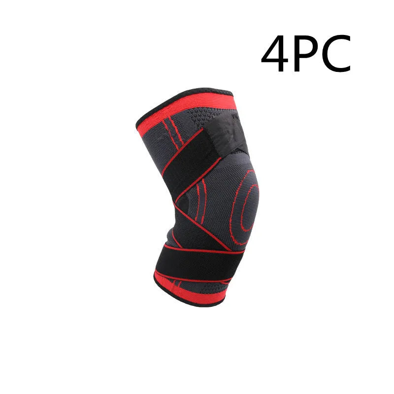 Nylon knitted knee pad in red, breathable sports support, available in multiple sizes.