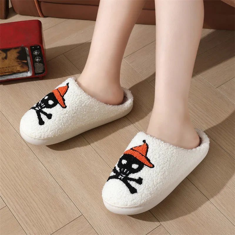Halloween skull rose slippers with thickened plush upper and TPR sole, white background