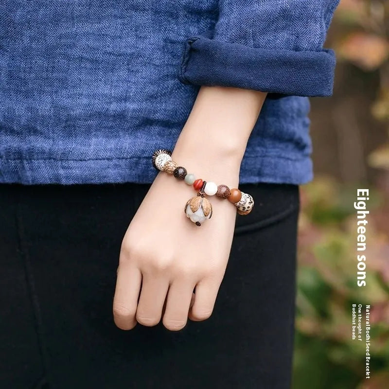 Women's 18-seed Bodhi seed beads bracelet geometric pattern 16cm wrist circumference