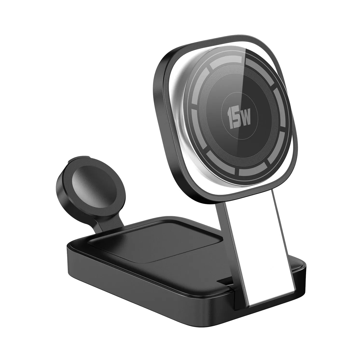 C40 foldable three-in-one wireless charger for mobile phone earphone and Apple Watch in black on a desk