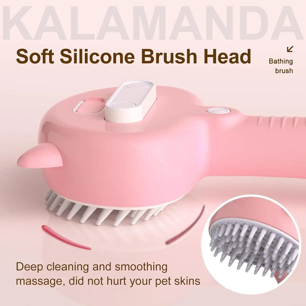 Cat ear-shaped steam grooming brush with ergonomic handle and coloured bristles