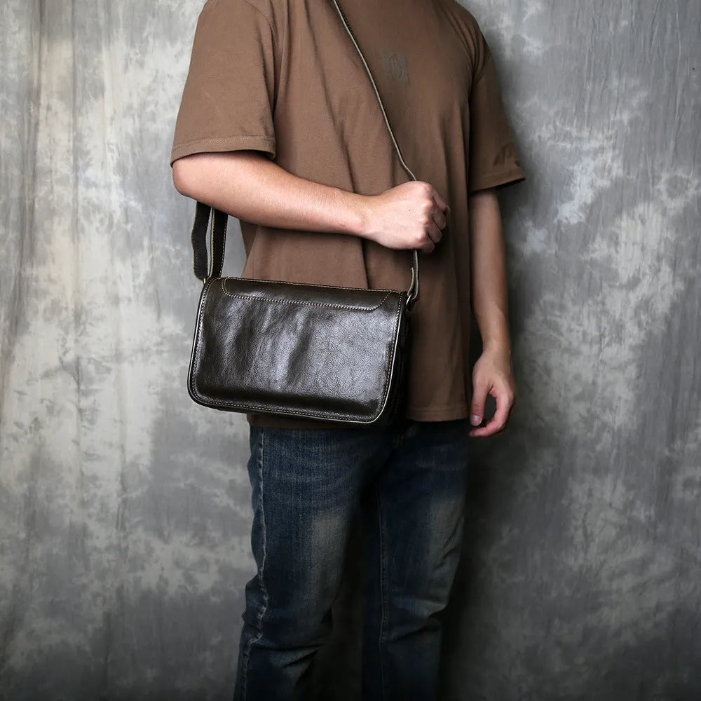 Men's genuine leather crossbody shoulder bag in olive green with patchwork design
