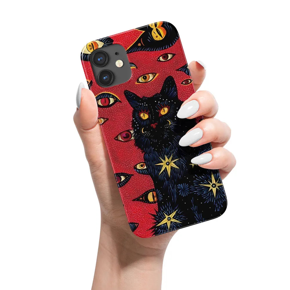 Retro cat eye design hard shell phone case for iPhone, shown in frosted and glossy half-covered style options.