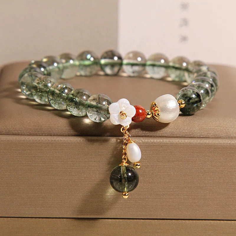 Green phantom quartz crystal women's bracelet with small shell flower charm in Japanese Korean style