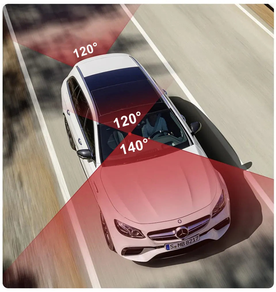 Black triple-lens car dash camera with touch screen and wide-angle recording