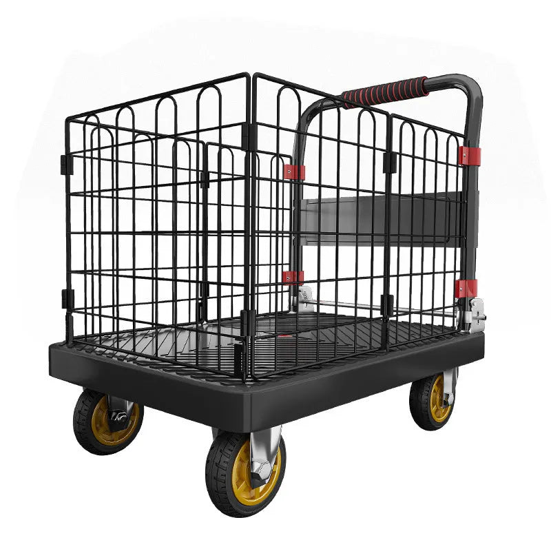 Black folding platform truck with fence 72x48 cm high strength plastic mute bearing 500 kg