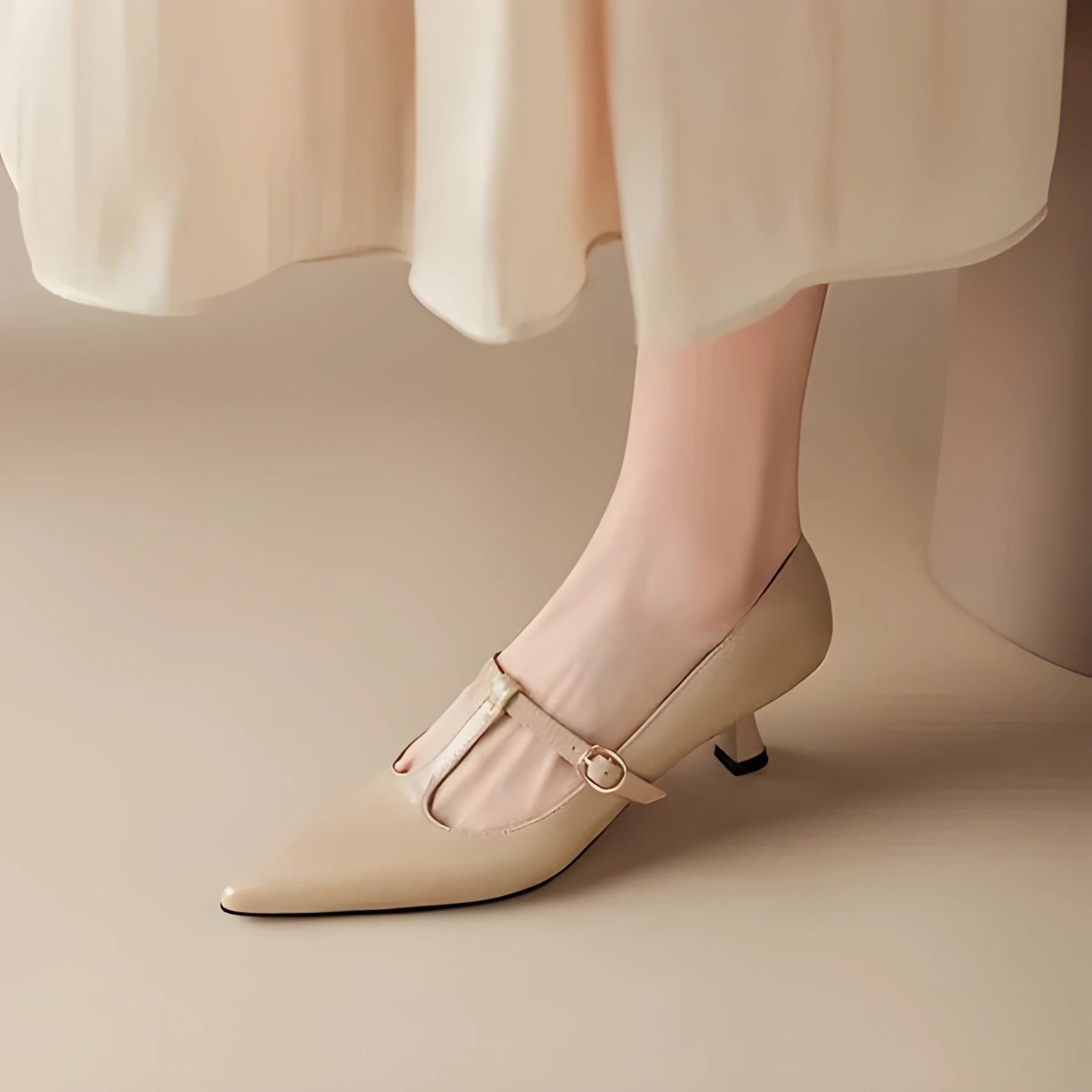 Black women's leather high-heeled shoes with a square toe and a 6-8 cm rubber sole.