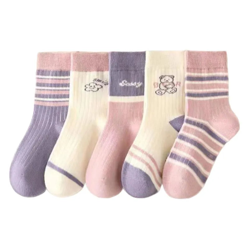 Pack of five children's cotton mid-calf socks with lace detail in Baby Bear, Rainbow Pony, and Leopard Bear colourways