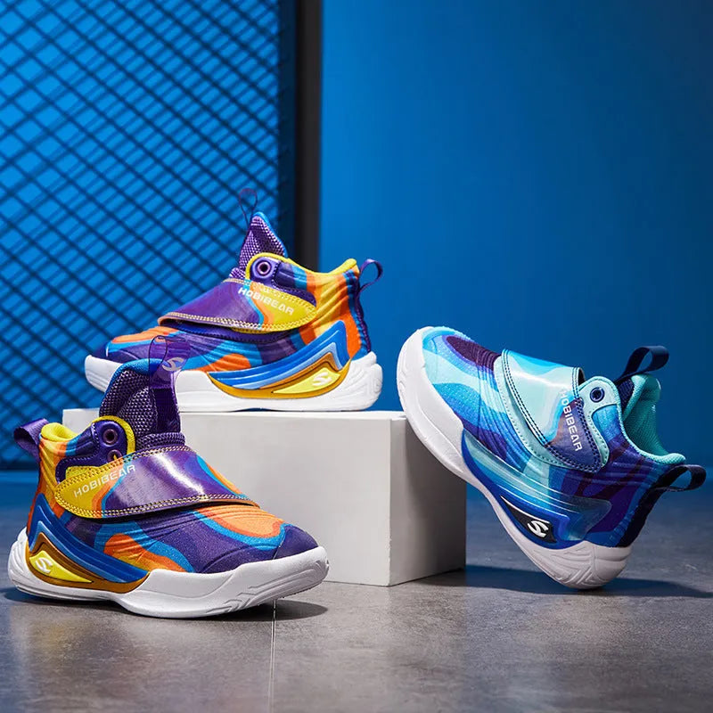 Children's purple blue and purple yellow PU mesh basketball shoes with Velcro strap, sizes 28 to 39