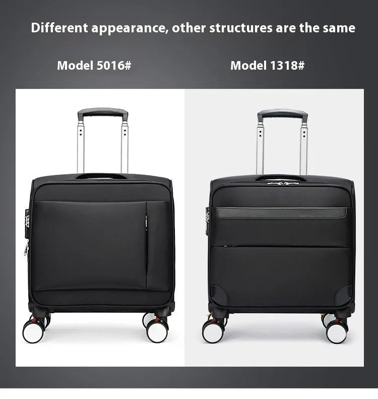 Black 18-inch Oxford cloth carry-on suitcase with retractable handle and four universal wheels.