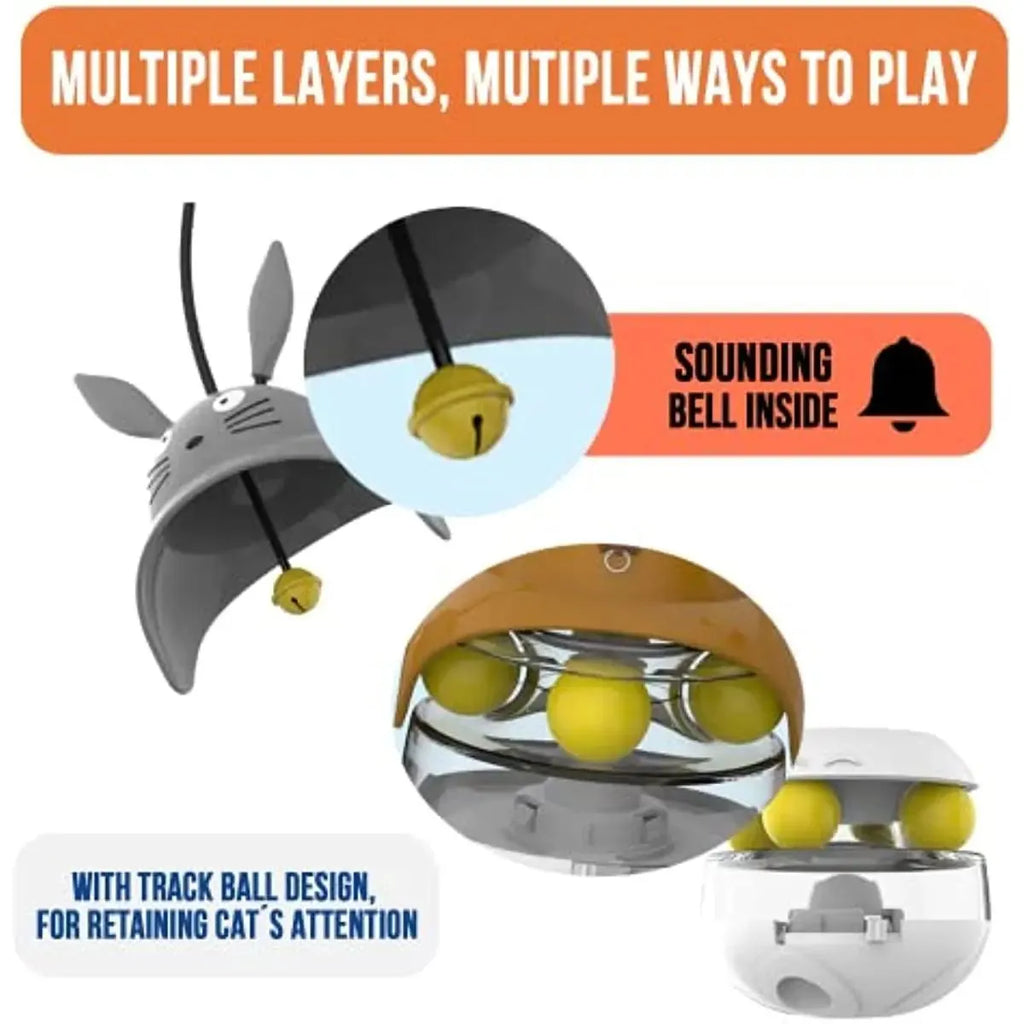 Interactive cat feeder toy with sounding bell and car tower shape in brown, grey, pink, and white