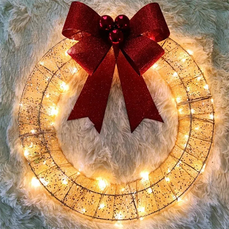 Gold and green 50cm LED Christmas wreath with large fabric bowknot and warm white lights