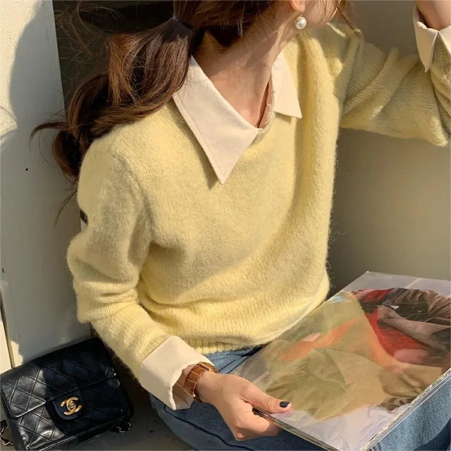 Women's loose knitwear top with contrast lapels in polyester, available in multiple colours