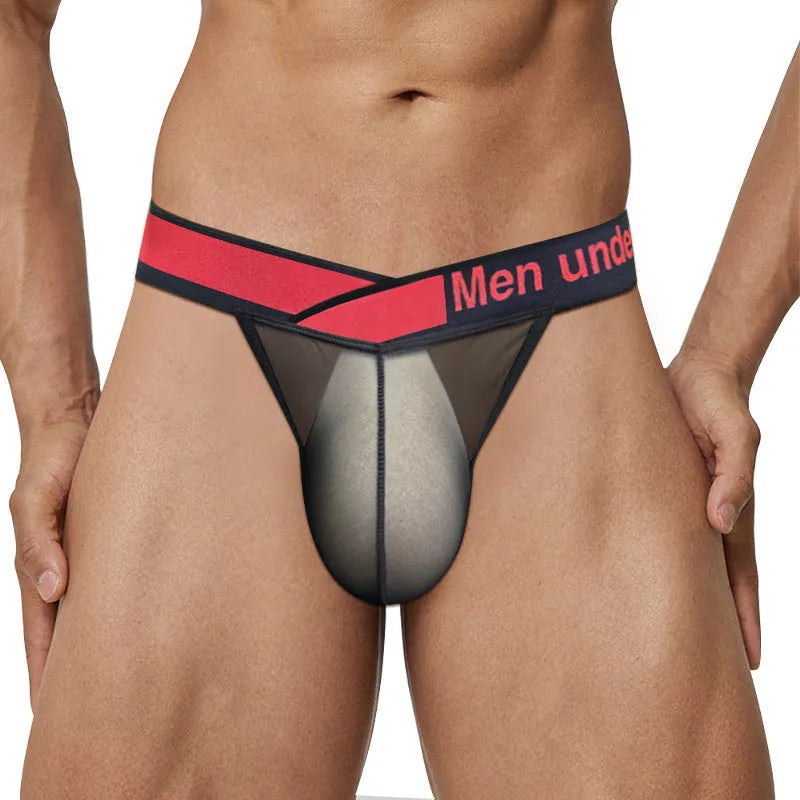 Men's black ice silk nylon underwear with a large V gradient high fork design on a white background
