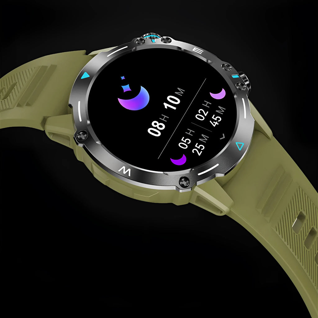 M42 smart watch in black, grey, or green with large AMOLED screen and IP68 waterproof rating.