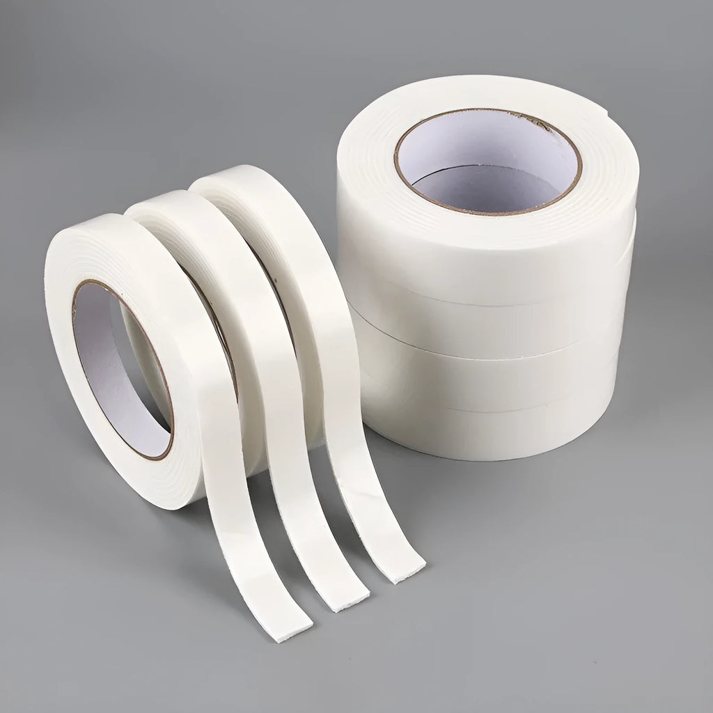 Roll of 3mm thick white foam double-sided adhesive tape with clear BOPP liner, showing width options.
