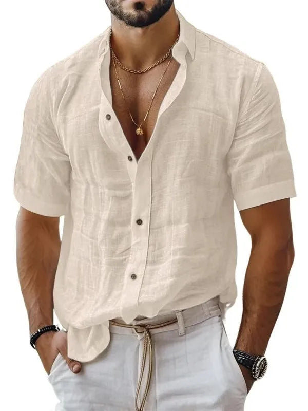 Men's short sleeve lapel shirt in a solid colour, showing cardigan style and polyester fabric.