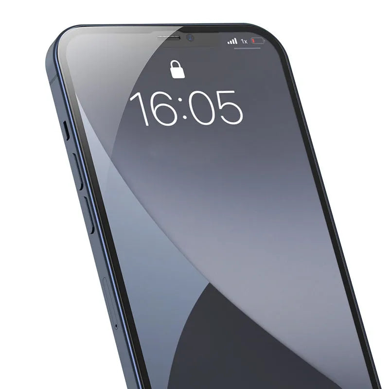 0.23mm curved tempered glass film for iPhone 12 mini in solid black, with non-broken edge and full-screen coverage.