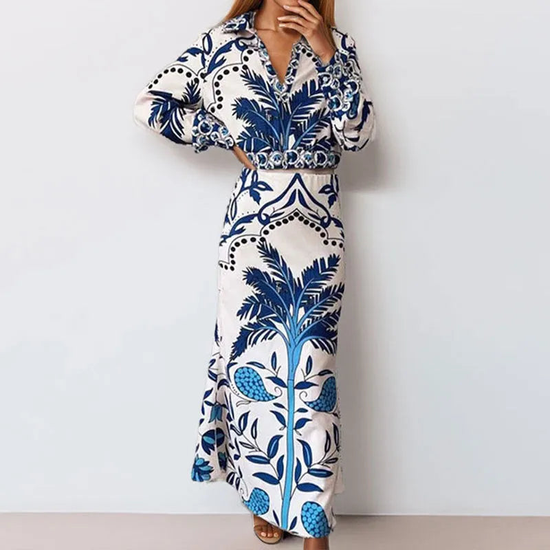 Early spring casual fashion set with long sleeve top and long skirt in picture colour.