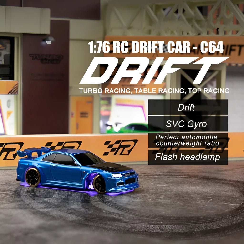Blue Turbo Racing C64 gyro drift RC car with proportional remote control on a track