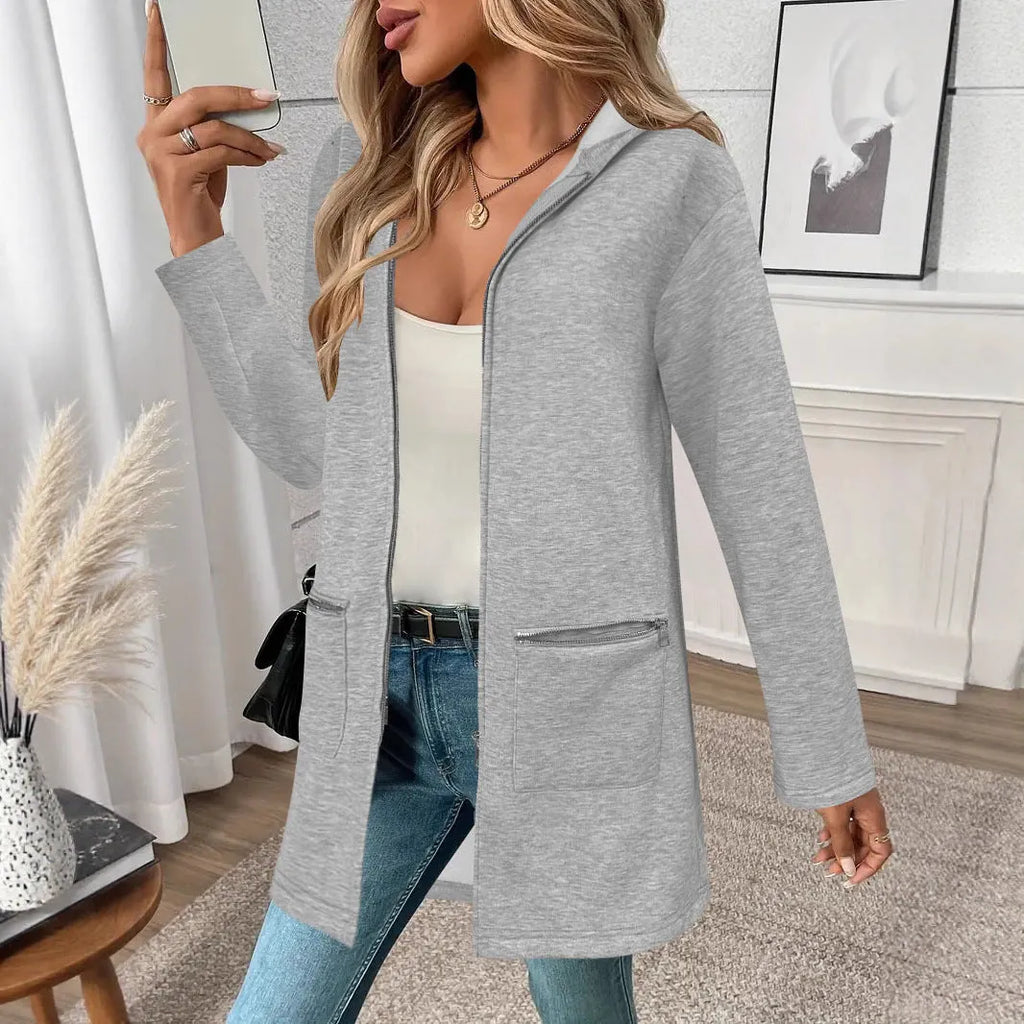 Women's loose grey cardigan coat with pockets in Japanese Korean casual style