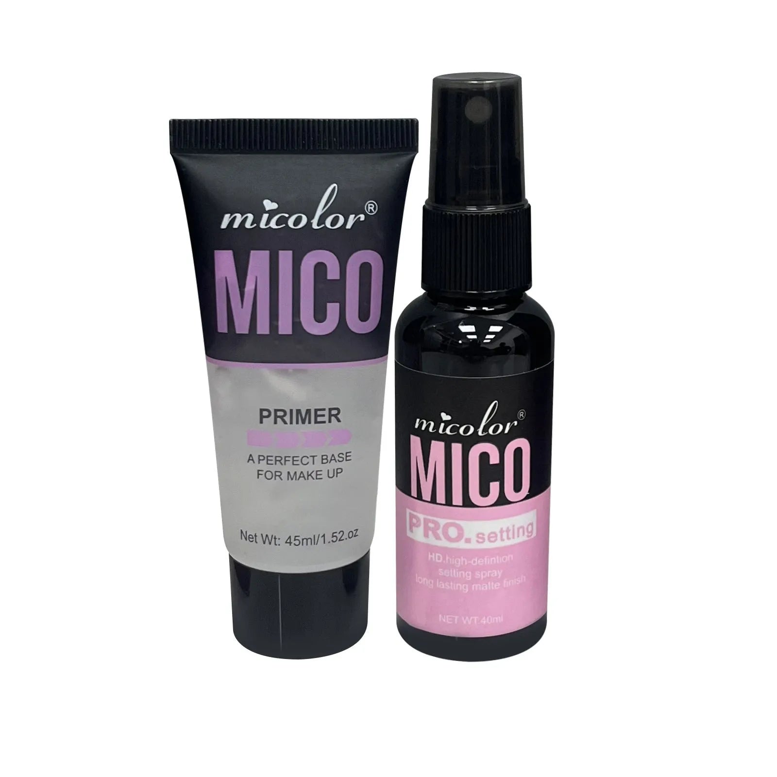 Two-in-one makeup primer and setting spray set with 45ml and 40ml bottles in monochrome packaging