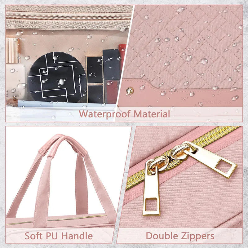 Waterproof polyester hanging cosmetic storage bag in pink colour showing dimensions